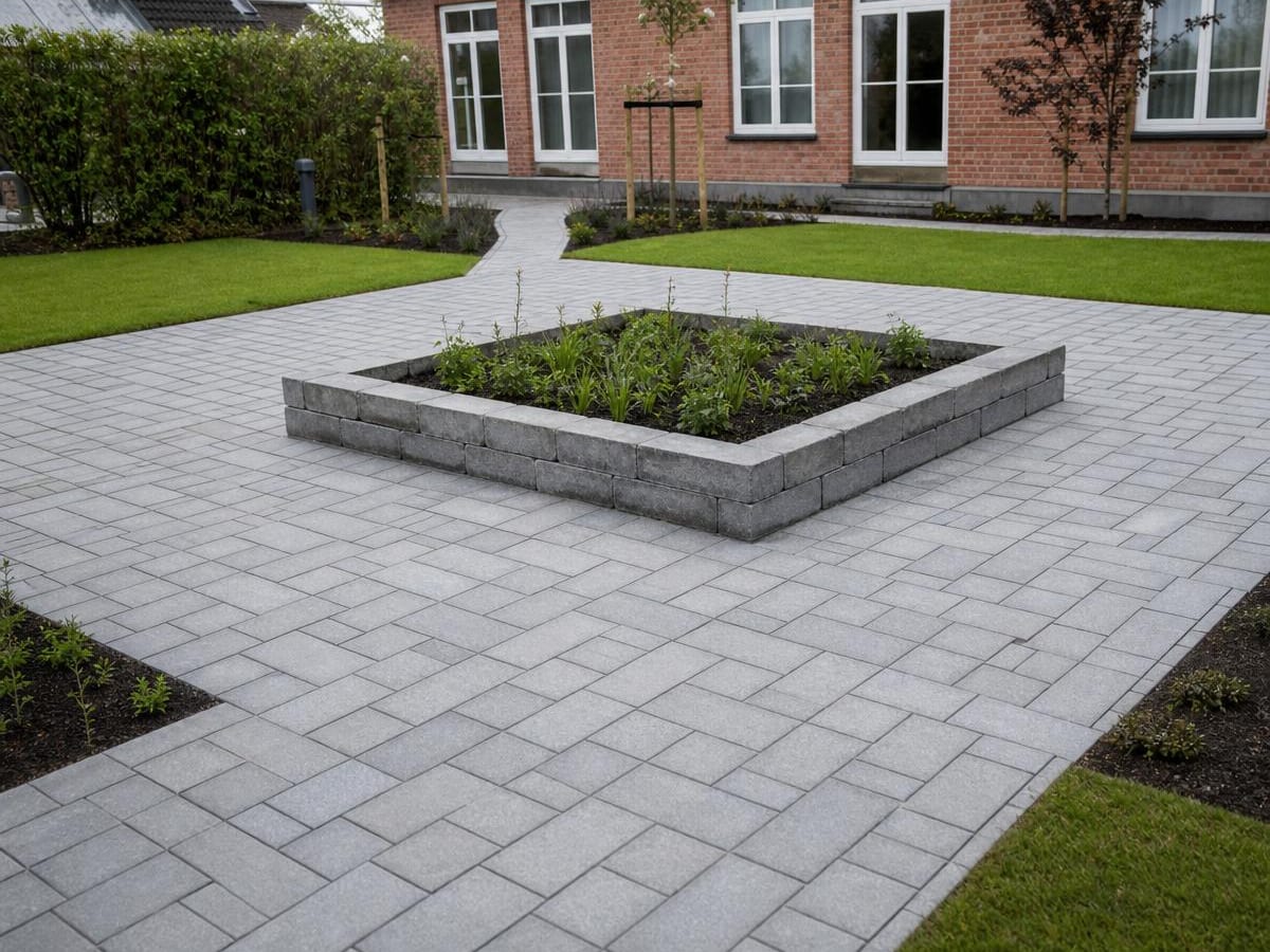 Gårdhave med belægningssten lagt i mønster omkring et plantebed