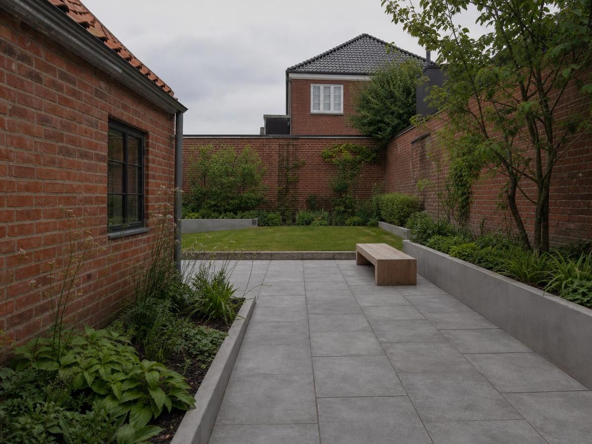 Lukket gårdhave med belægningssten, plantebede og siddeplads