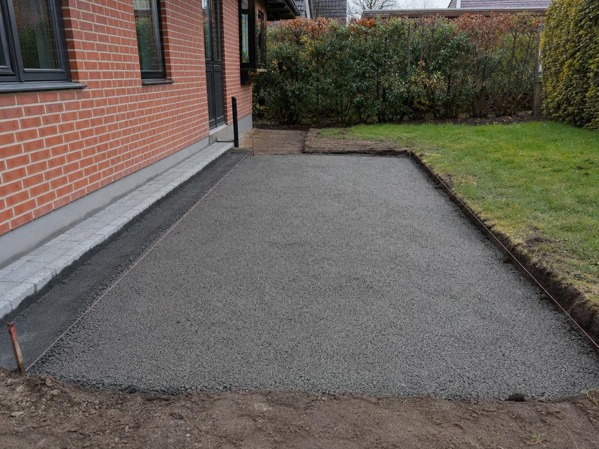 Udgravet areal med udlagt stabilgrus klar til lægning af belægningssten