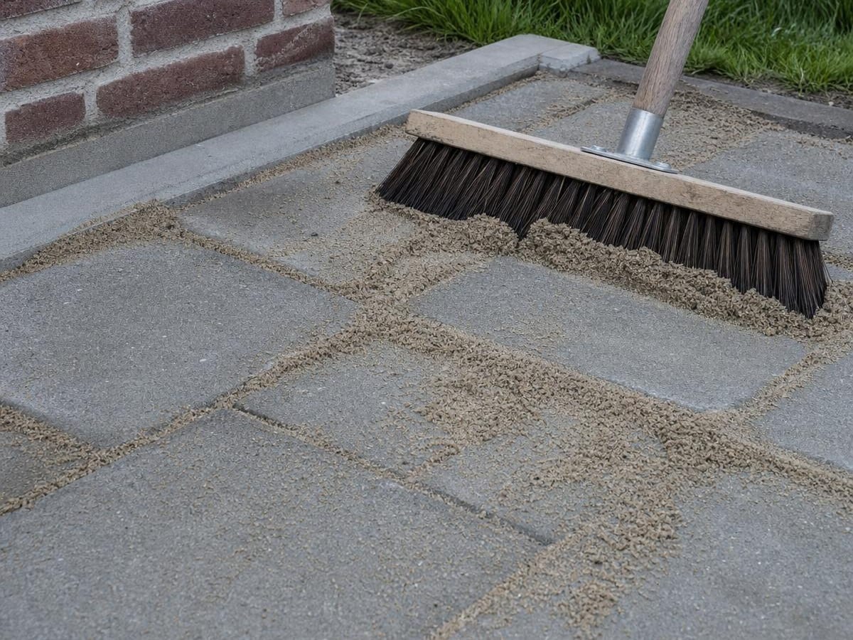 Nærbillede af fuger der fyldes med fugesand
